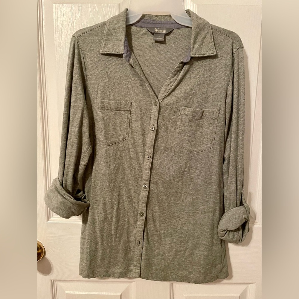 Green button down with roll up button sleeves